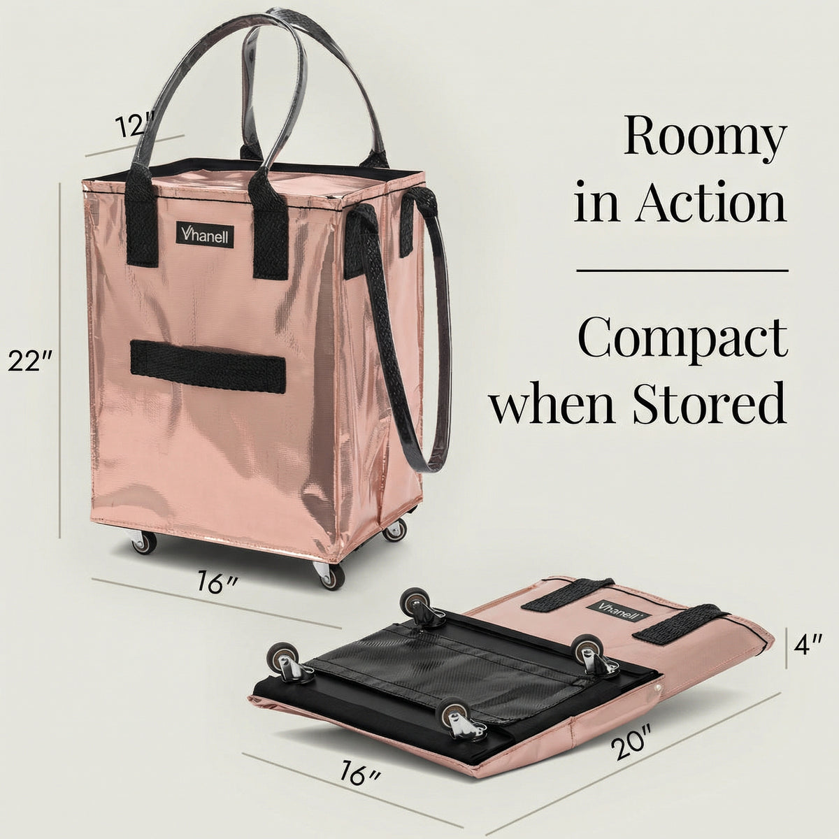 Rolling Tote Bag with Zip Top & Button Closure