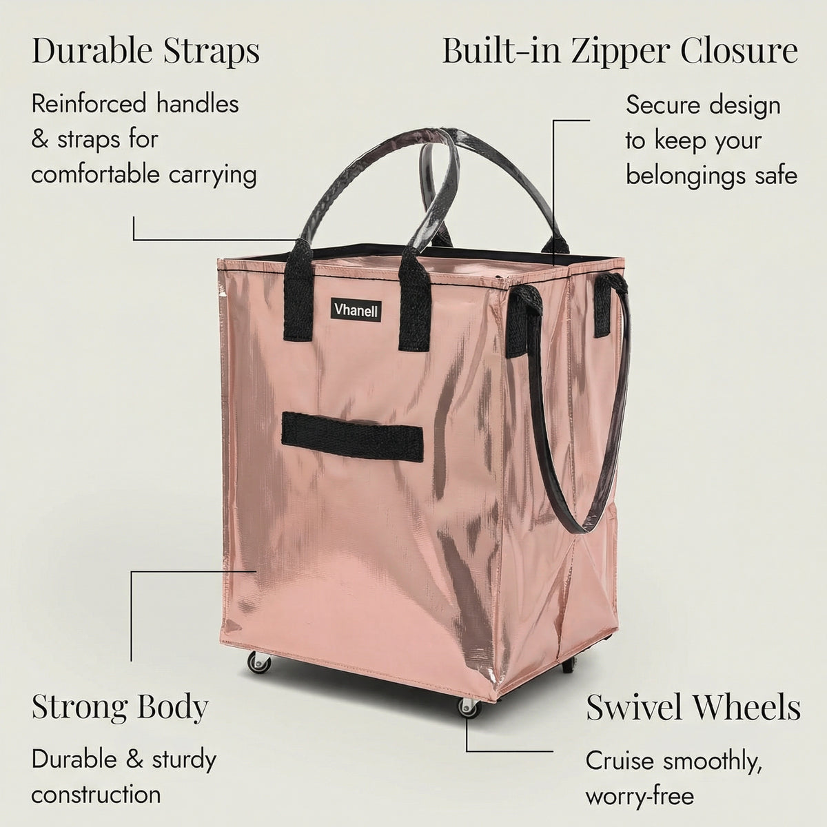 Rolling Tote Bag with Zip Top & Button Closure