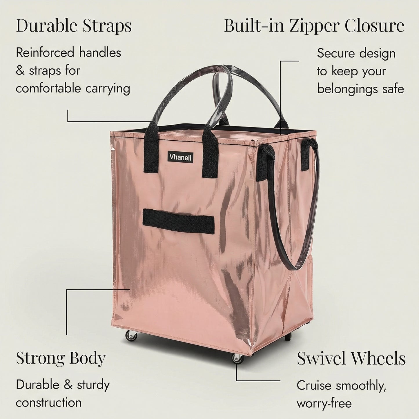 Rolling Tote Bag with Zip Top & Button Closure