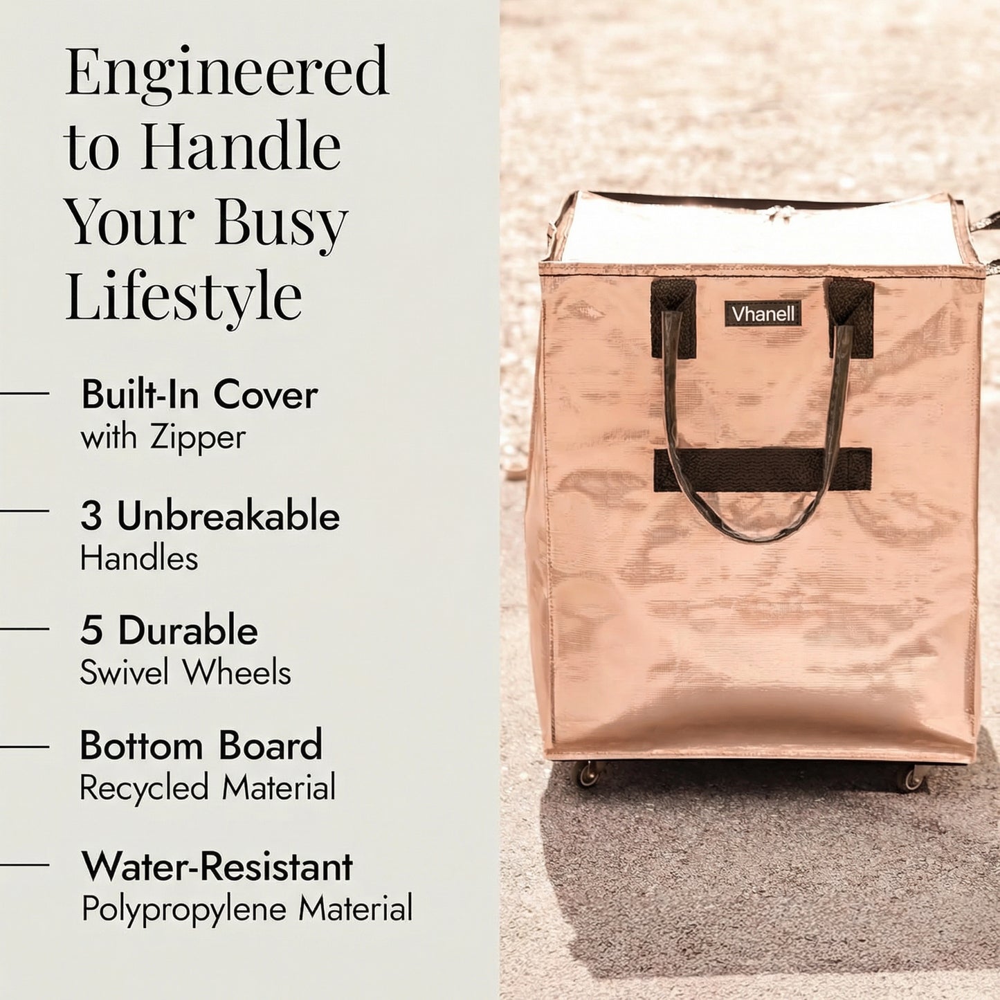 Rolling Tote Bag with Zip Top & Button Closure