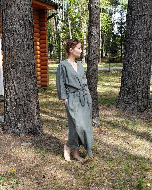 Linen bath robe, soft natural linen kimono robe, stonewashed linen white black beige blue green long robe, raw linen clothes, linen bathrobe